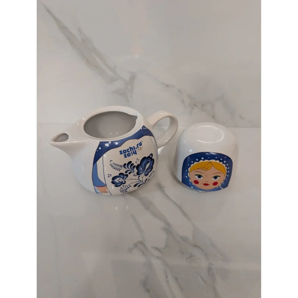 Sochi 2014 Winter Olympics Matryoshka Nesting Doll Teapot and Cup Set Ceramic